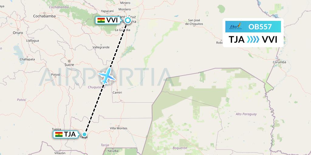 OB557 Boliviana de Aviacion Flight Map: Tarija to Santa Cruz