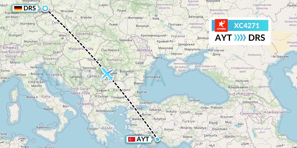 XC4271 Corendon Airlines Flight Map: Antalya to Dresden