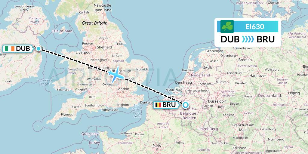 EI630 Aer Lingus Flight Map: Dublin to Brussels