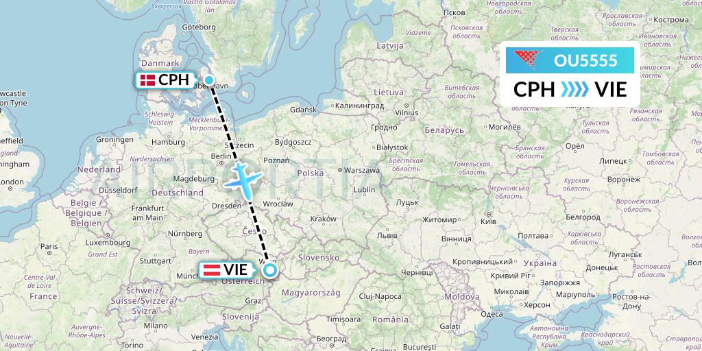 OU5555 Croatia Airlines Flight Map: Copenhagen to Vienna