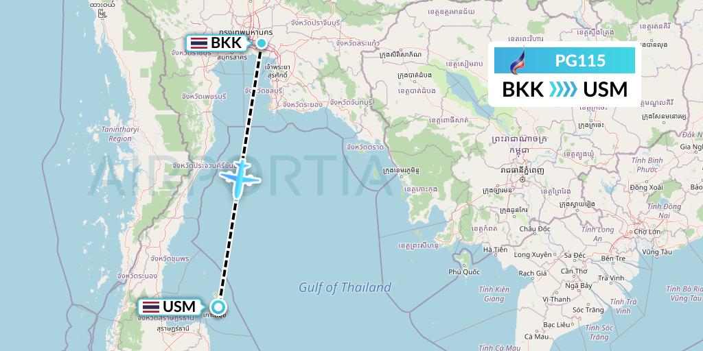PG115 Bangkok Airways Flight Map: Bangkok to Koh Samui