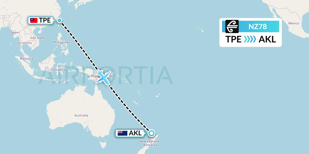 NZ78 Air New Zealand Flight Map: Taipei to Auckland