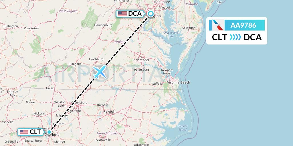 AA9786 American Airlines Flight Map: Charlotte to Washington