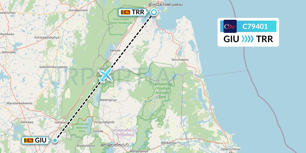 C79401 Cinnamon Air Flight Map: Sigiriya to Trincomalee
