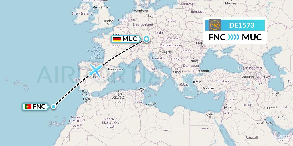 DE1573 Condor Flight Map: Funchal to Munich