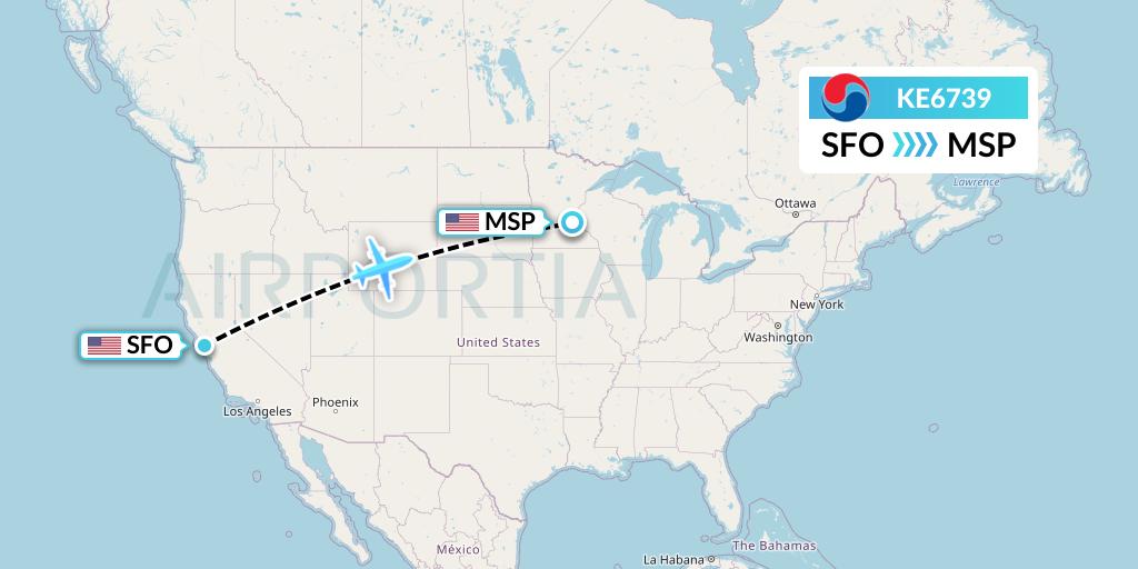 KE6739 Korean Air Flight Map: San Francisco to Minneapolis