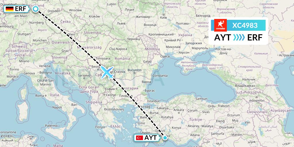 XC4983 Corendon Airlines Flight Map: Antalya to Erfurt