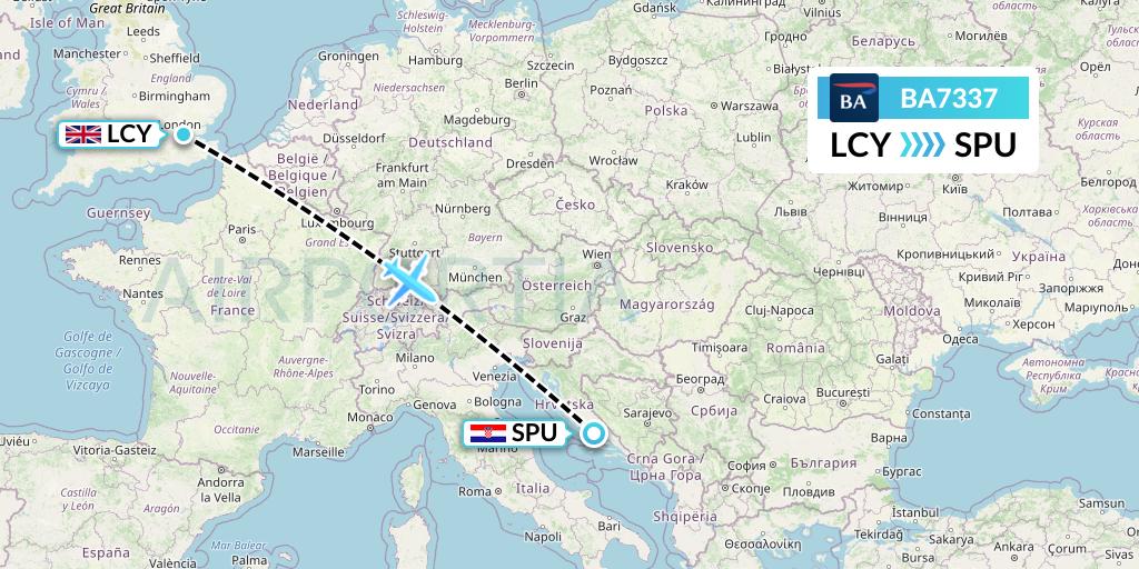 BA7337 British Airways Flight Map: London to Split