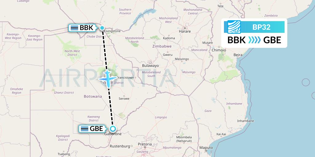 BP32 Air Botswana Flight Map: Kasane to Gaborone