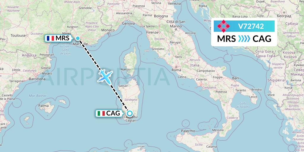 V72742 Volotea Flight Map: Marseille to Cagliari