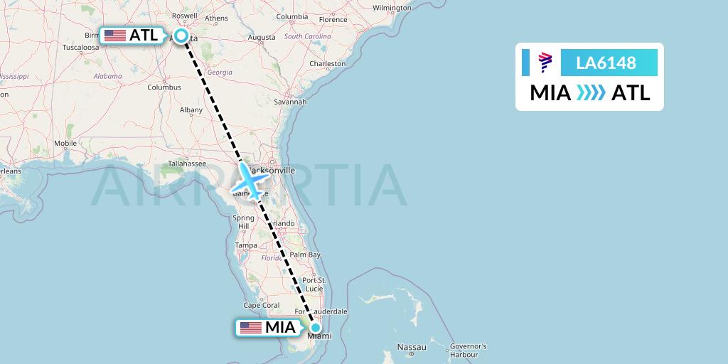 LA6148 LAN Airlines Flight Map: Miami to Atlanta