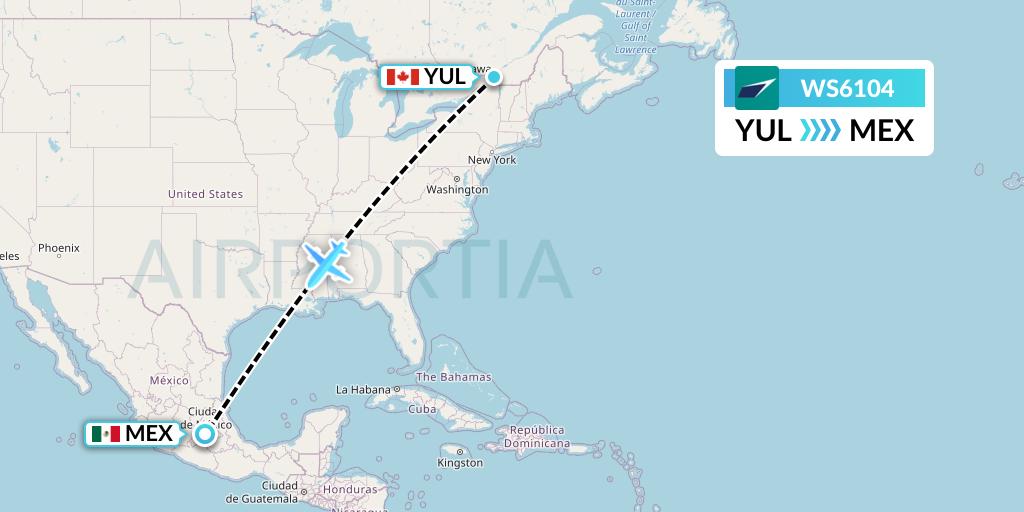 WS6104 WestJet Flight Map: Montreal to Mexico City
