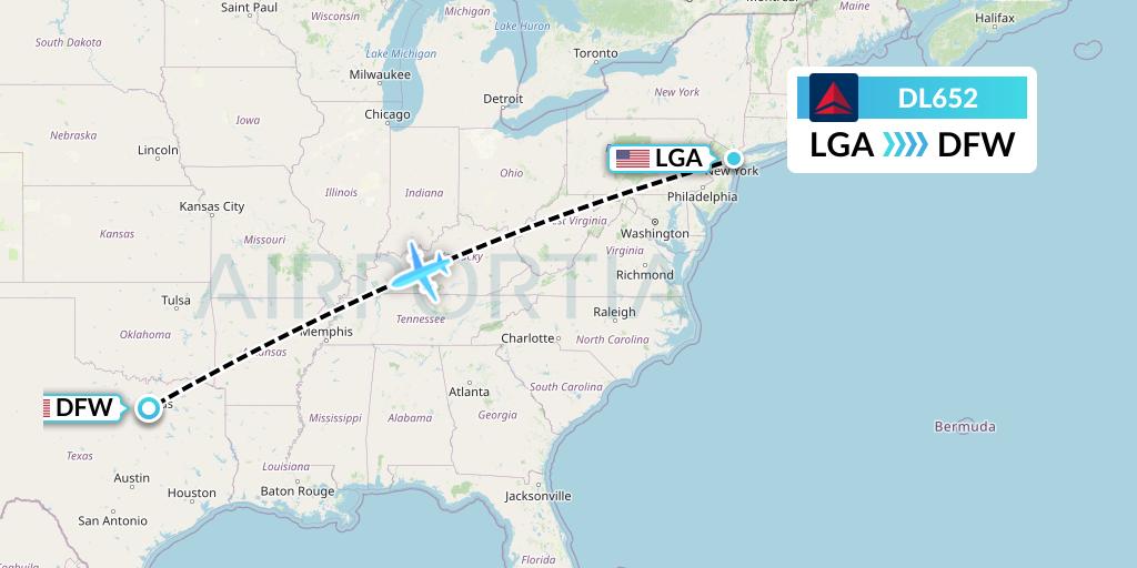 DL652 Delta Air Lines Flight Map: New York to Dallas