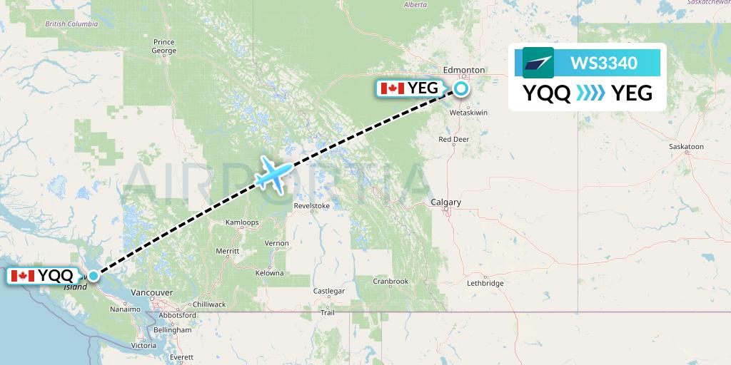 WS3340 WestJet Flight Map: Comox to Edmonton