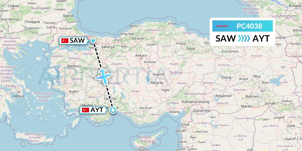 PC4038 Pegasus Airlines Flight Map: Istanbul to Antalya