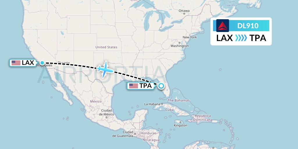 DL910 Delta Air Lines Flight Map: Los Angeles to Tampa