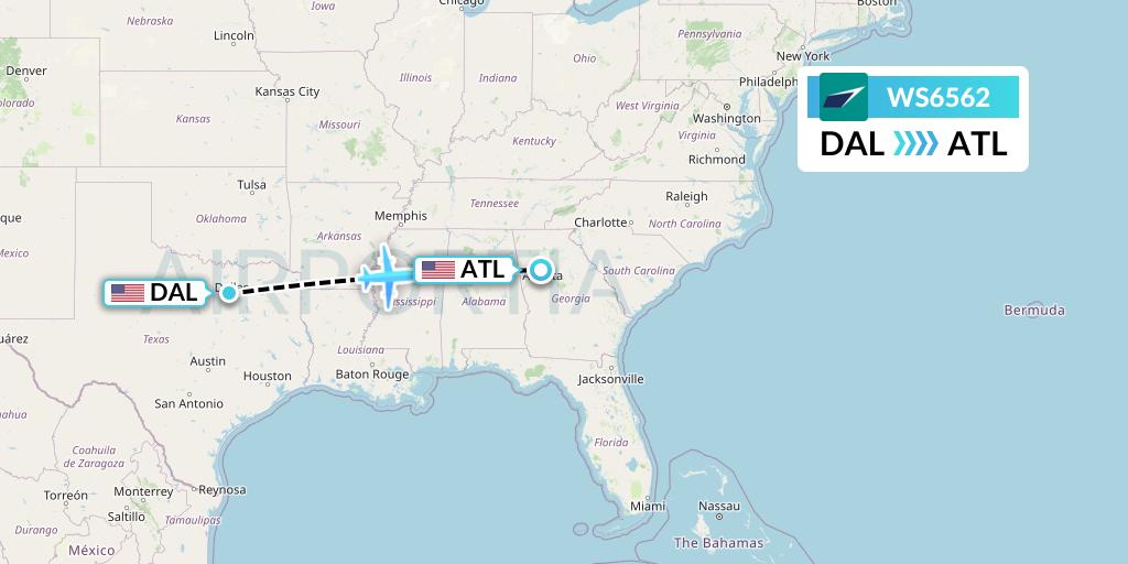 WS6562 WestJet Flight Map: Dallas to Atlanta