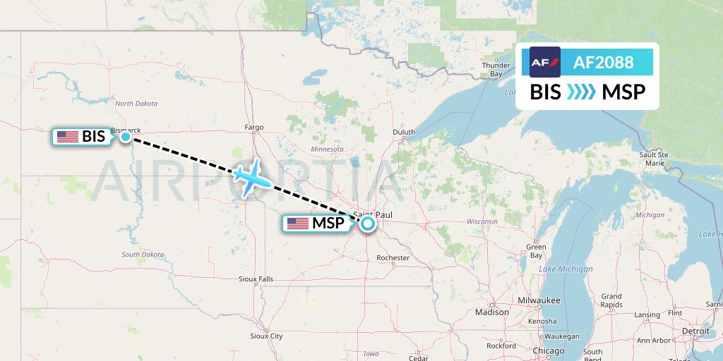 AF2088 Air France Flight Map: Bismarck to Minneapolis