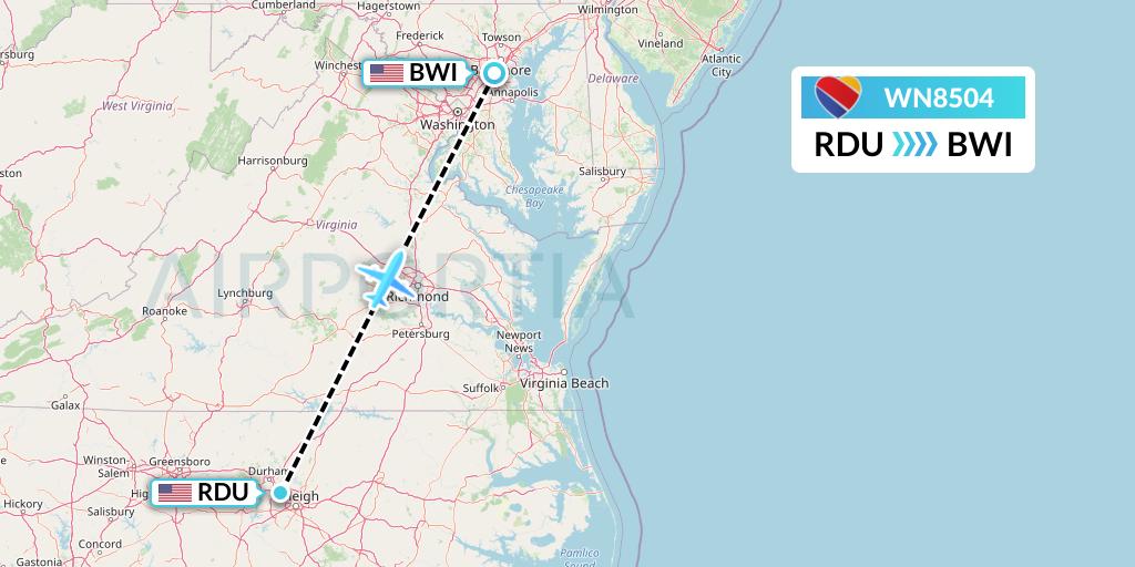 WN8504 Southwest Airlines Flight Map: Raleigh-Durham to Baltimore
