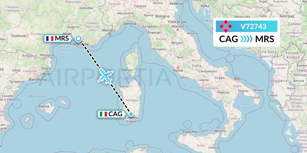 V72743 Volotea Flight Map: Cagliari to Marseille