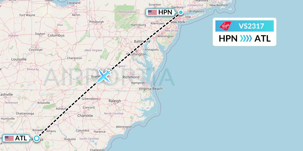 VS2317 Virgin Atlantic Airways Flight Map: White Plains to Atlanta