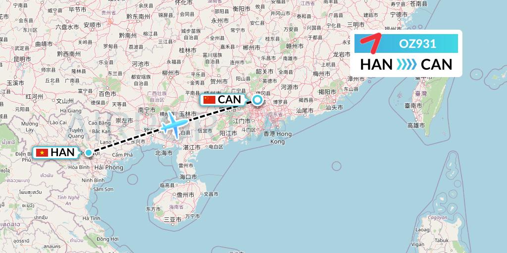 OZ931 Asiana Airlines Flight Map: Hanoi to Guangzhou