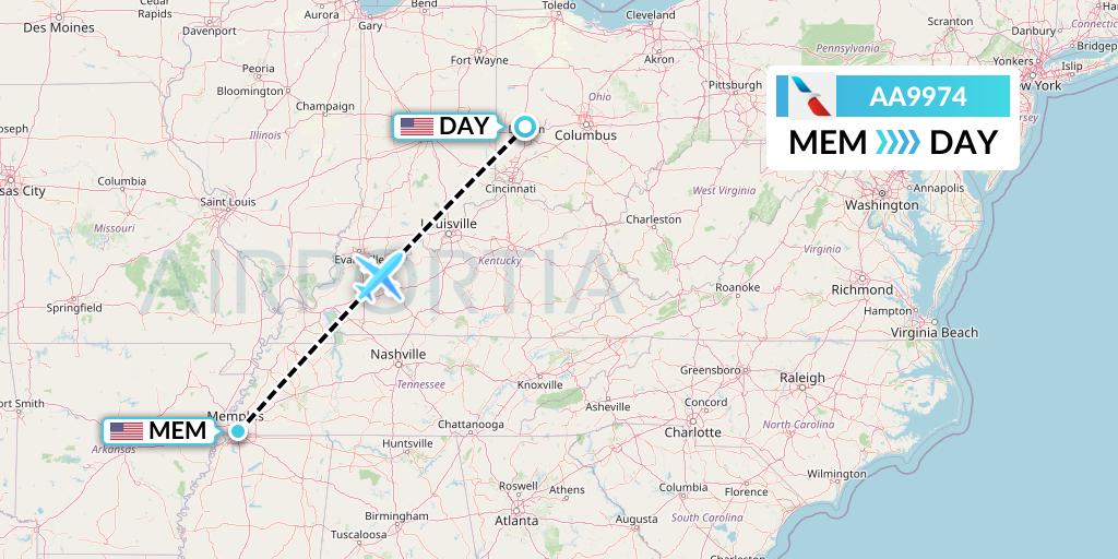 AA9974 American Airlines Flight Map: Memphis to Dayton