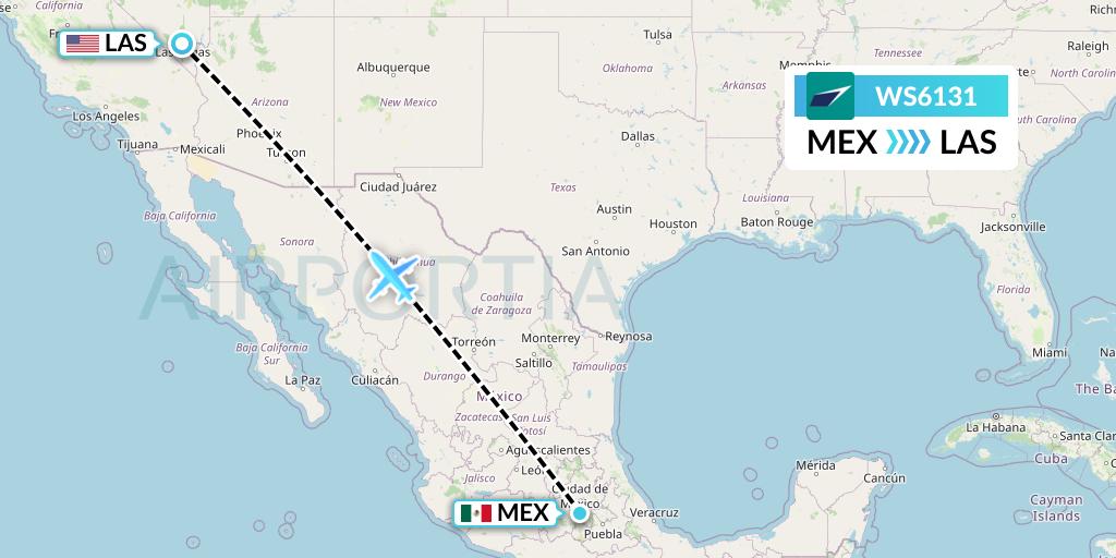 WS6131 WestJet Flight Map: Mexico City to Las Vegas
