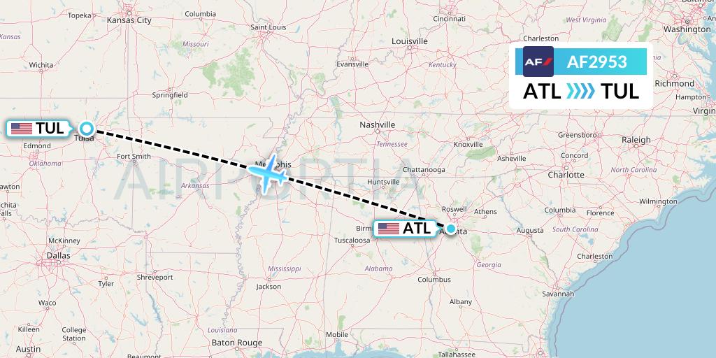 AF2953 Air France Flight Map: Atlanta to Tulsa