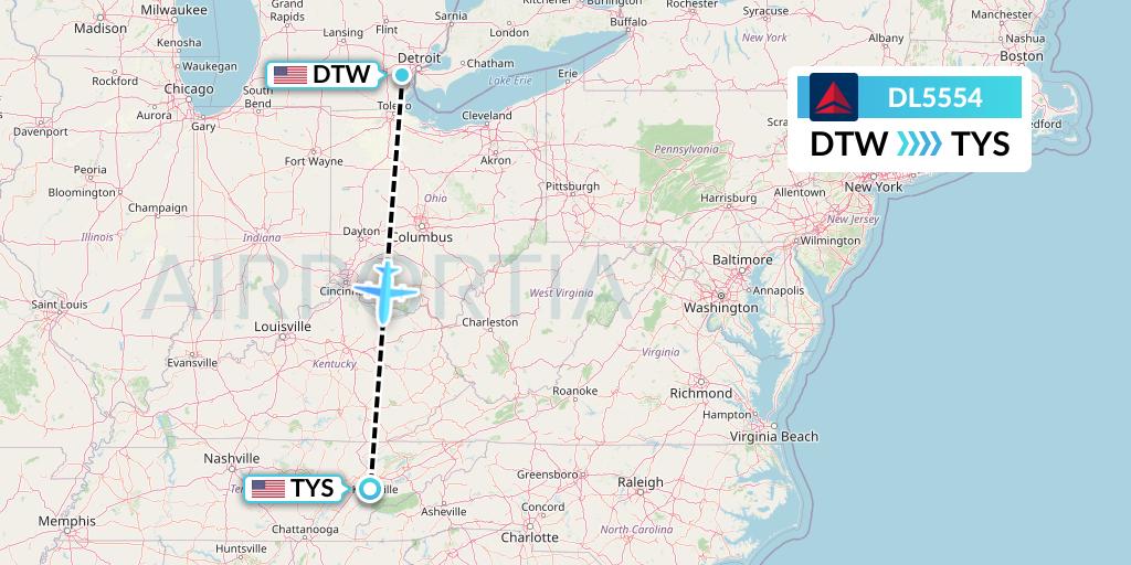 DL5554 Delta Air Lines Flight Map: Detroit to Knoxville