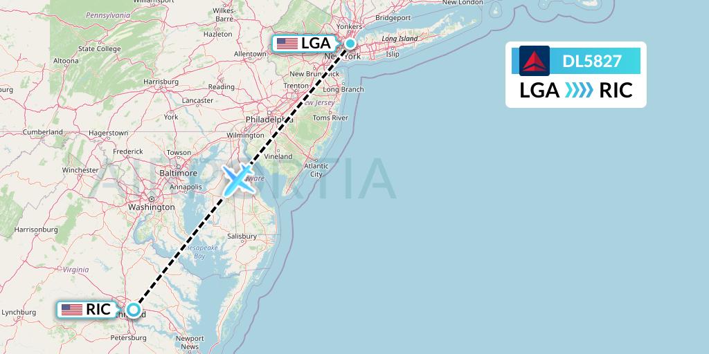 DL5827 Delta Air Lines Flight Map: New York to Richmond