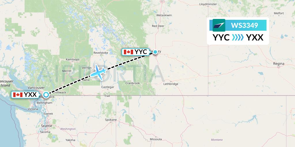 WS3349 WestJet Flight Map: Calgary to Abbotsford