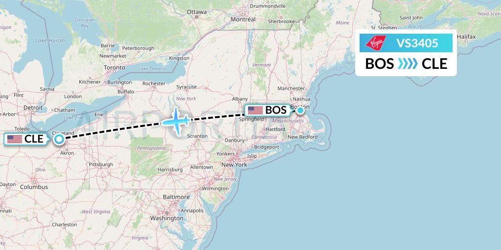 VS3405 Virgin Atlantic Airways Flight Map: Boston to Cleveland