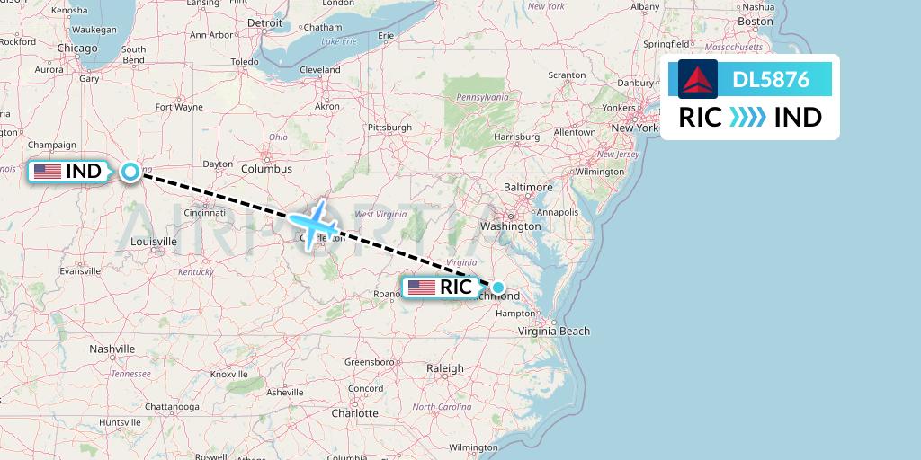 DL5876 Delta Air Lines Flight Map: Richmond to Indianapolis