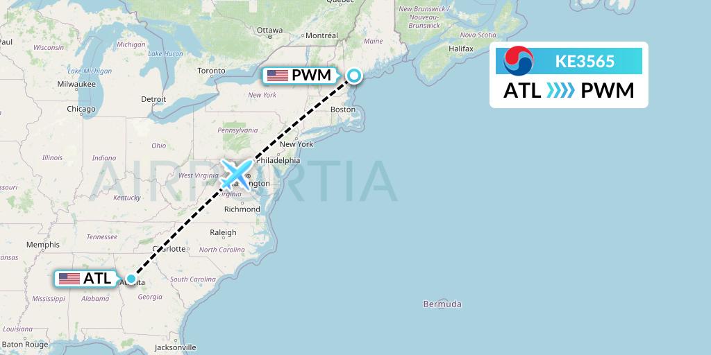 KE3565 Korean Air Flight Map: Atlanta to Portland