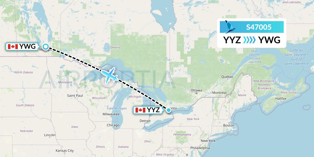 S47005 Azores Airlines Flight Map: Toronto to Winnipeg
