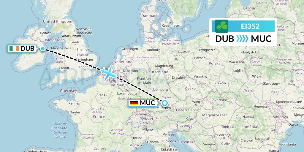 EI352 Aer Lingus Flight Map: Dublin to Munich