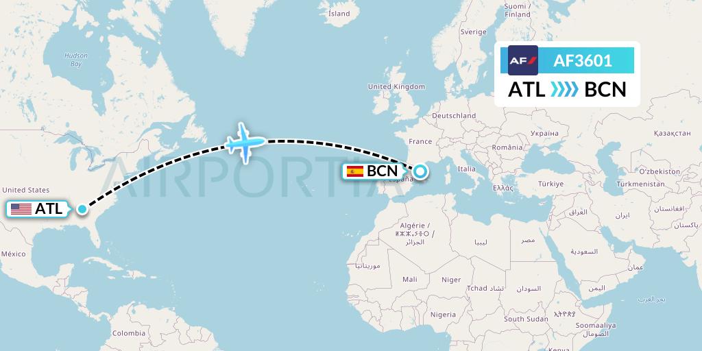 AF3601 Air France Flight Map: Atlanta to Barcelona