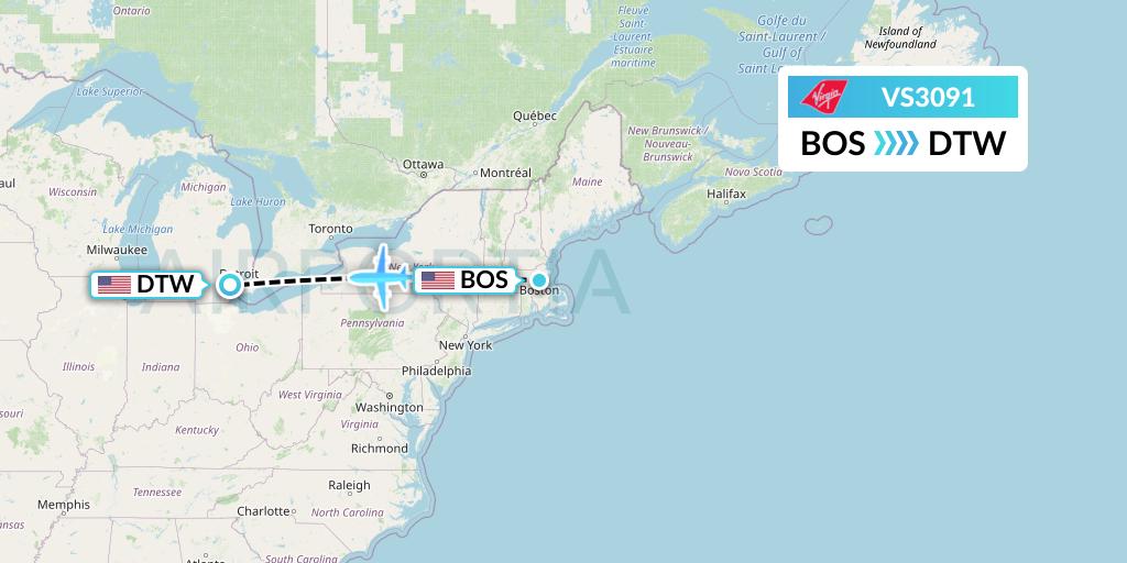 VS3091 Virgin Atlantic Airways Flight Map: Boston to Detroit