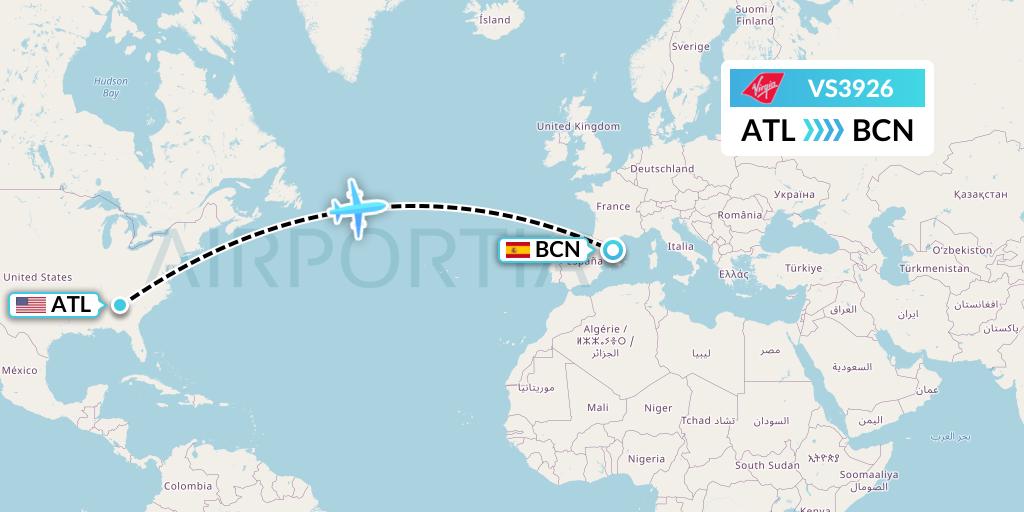 VS3926 Virgin Atlantic Airways Flight Map: Atlanta to Barcelona