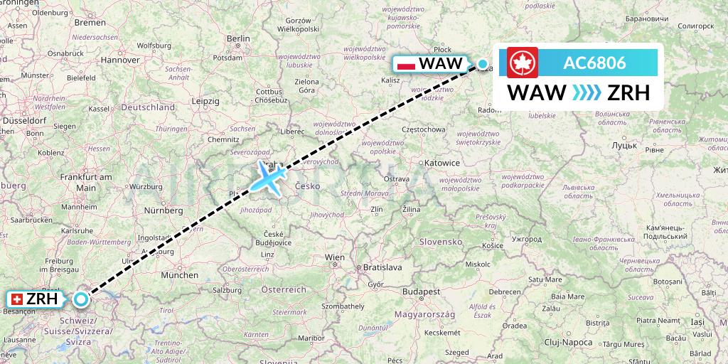 AC6806 Air Canada Flight Map: Warsaw to Zurich