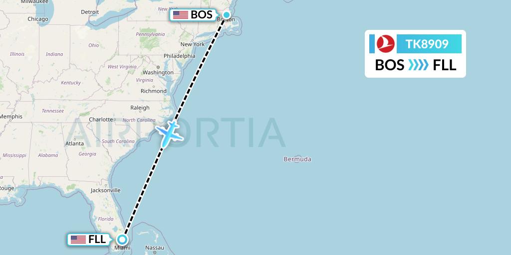 TK8909 Turkish Airlines Flight Map: Boston to Fort Lauderdale