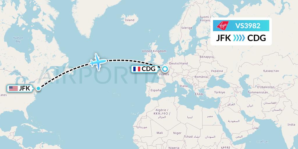 VS3982 Virgin Atlantic Airways Flight Map: New York to Paris