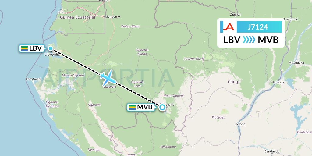 J7124 Afrijet Business Services Flight Map: Libreville to Franceville