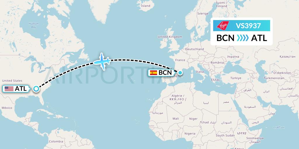 VS3937 Virgin Atlantic Airways Flight Map: Barcelona to Atlanta