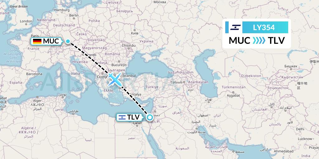 LY354 El Al Flight Map: Munich to Tel Aviv