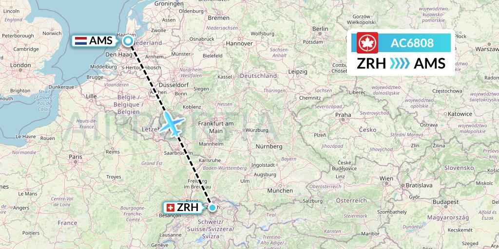 AC6808 Air Canada Flight Map: Zurich to Amsterdam