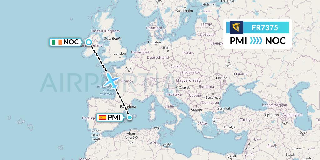 FR7375 Ryanair Flight Map: Palma de Mallorca to Knock