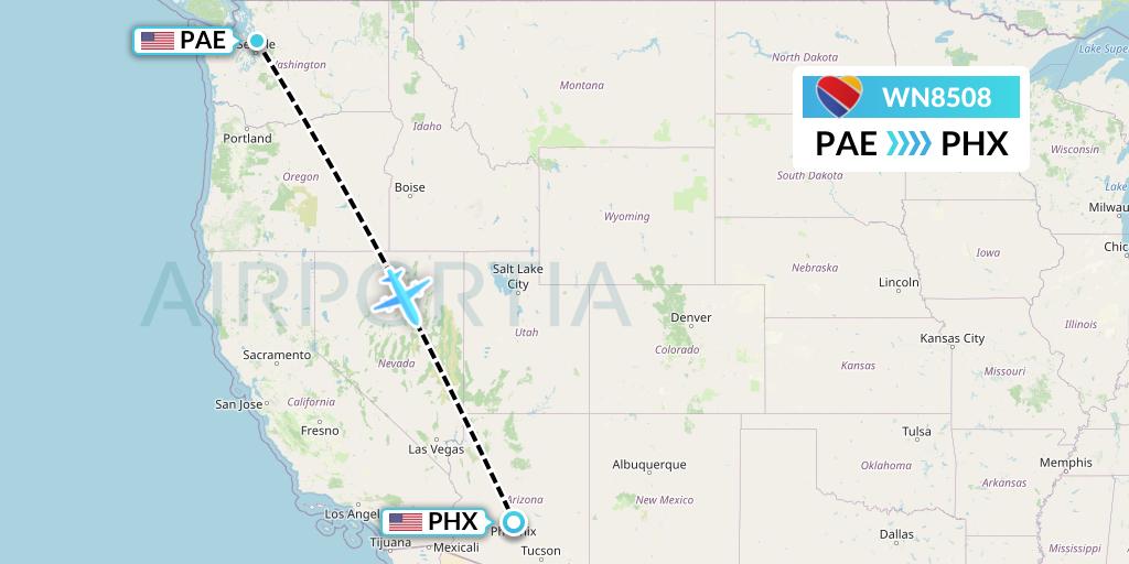 WN8508 Southwest Airlines Flight Map: Everett to Phoenix