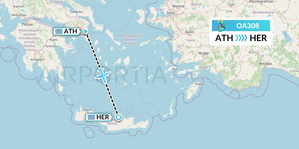 OA308 Olympic Air Flight Map: Athens to Heraklion